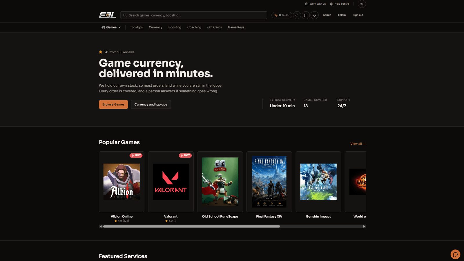 The EJLTeam storefront: 'Game currency, delivered in minutes.' above the popular games rail.