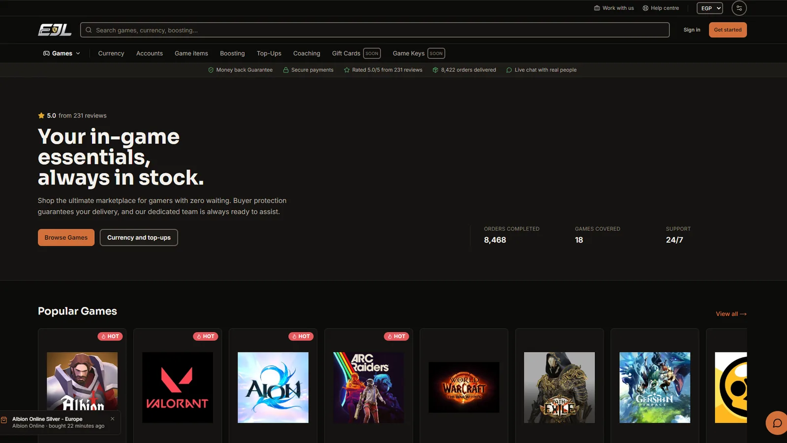 واجهة متجر EJLTeam: عبارة ‏'Your in-game essentials, always in stock.'‏ فوق شريط الألعاب الأكثر طلبًا، مع شريط الثقة الخاص بالمتجر في الأعلى.