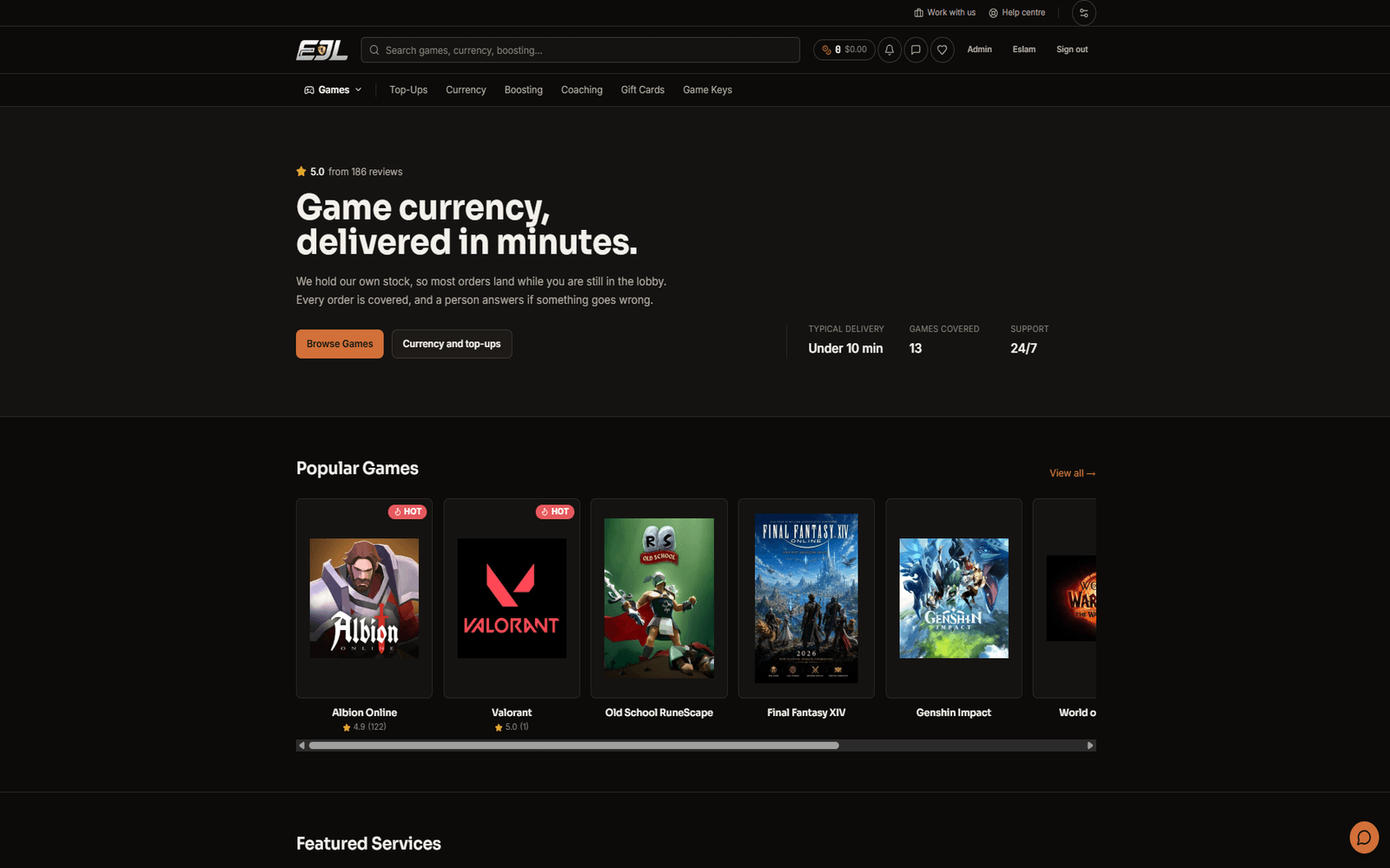The EJLTeam storefront: 'Game currency, delivered in minutes.' above the popular games rail.