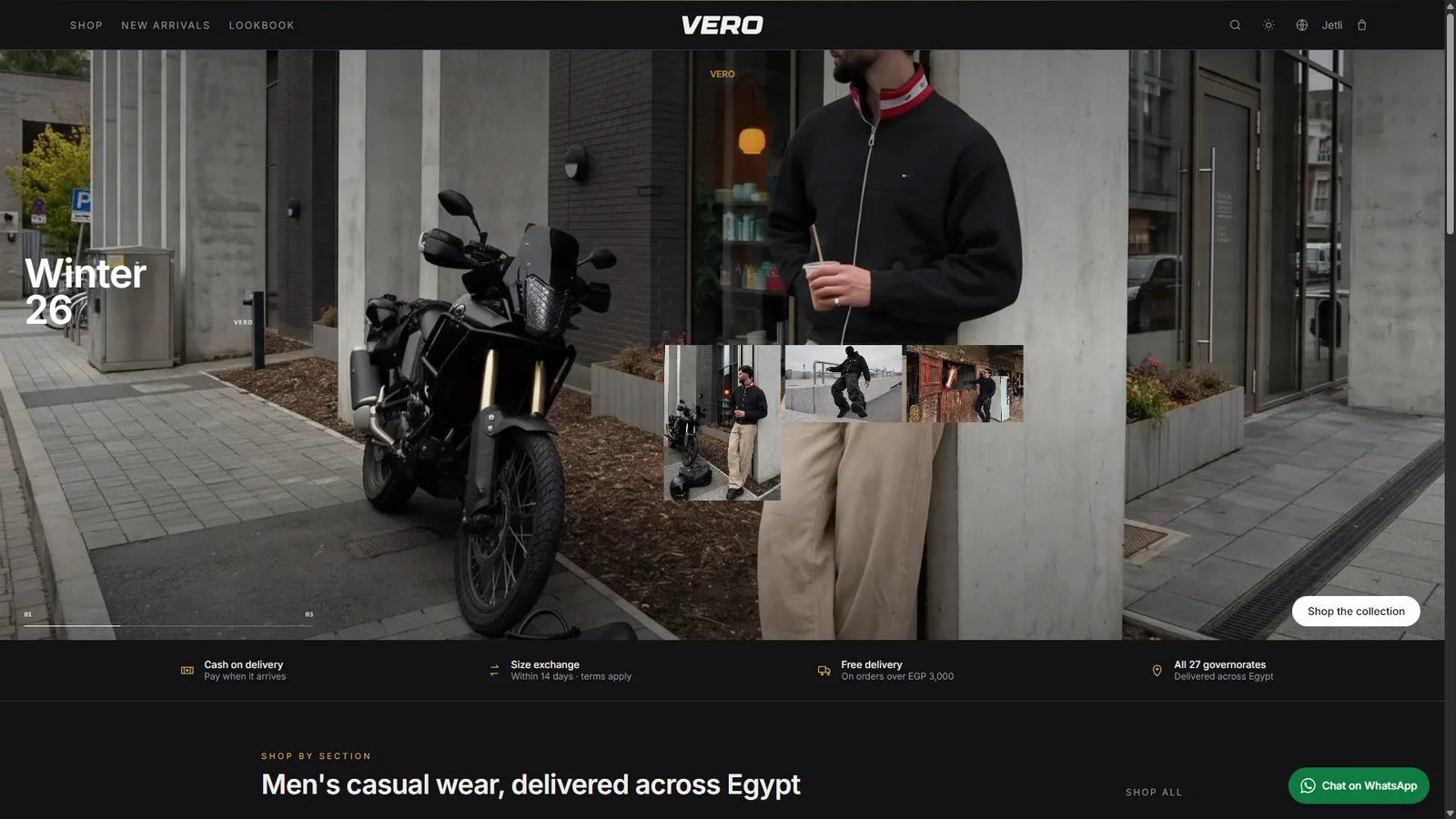 الصفحة الرئيسية لـ VERO: مجموعة شتاء 26 فوق صورة من الشارع، وتحتها في صف واحد الدفع عند الاستلام واستبدال المقاس والتوصيل لكل المحافظات.