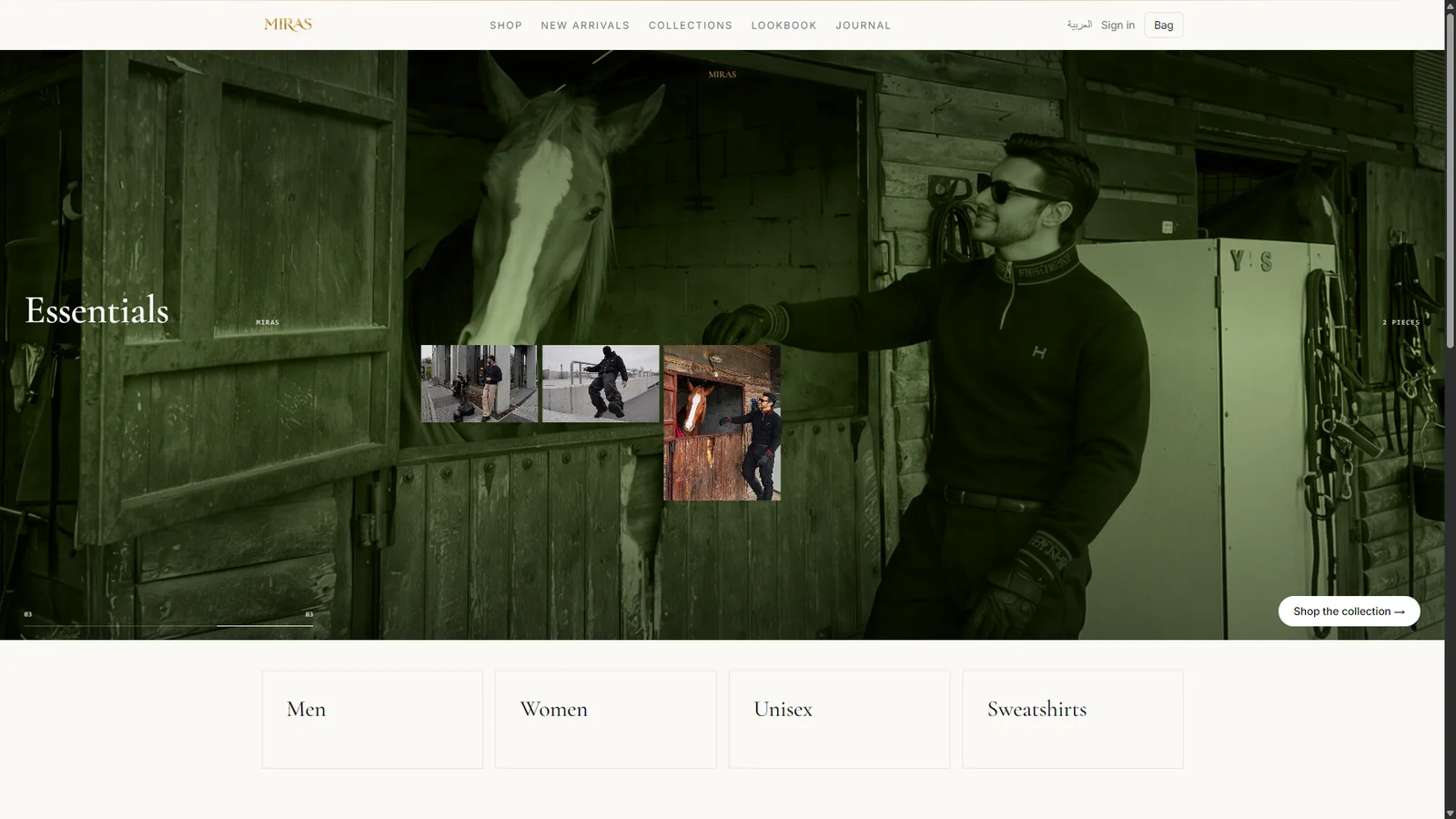 The Miras home page: the Essentials collection shown over a stable photograph, with the shop categories beneath it.